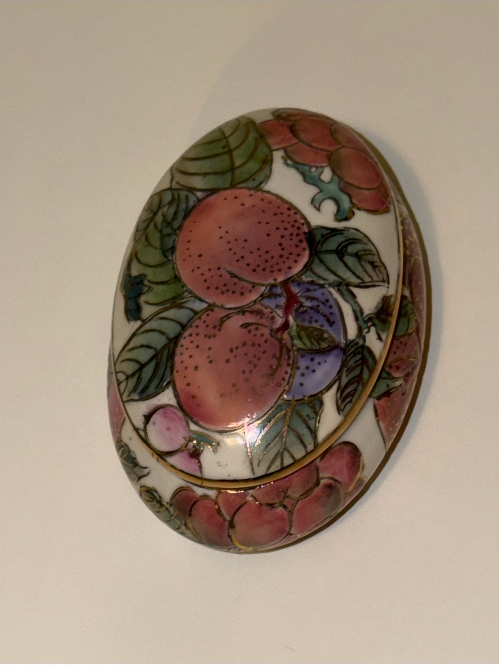 Vtg Toyo China Oval Porcelain Box Enamel Peaches & Fruit Motif Dish w/ gold trim